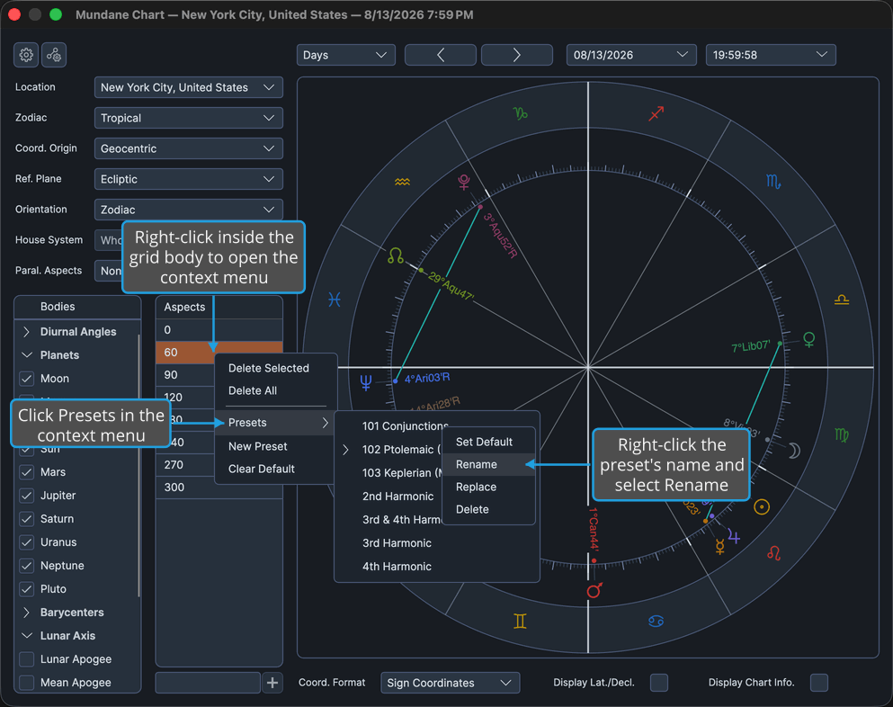 Mundane chart window with a saved aspect preset's menu open, showing its Rename item.