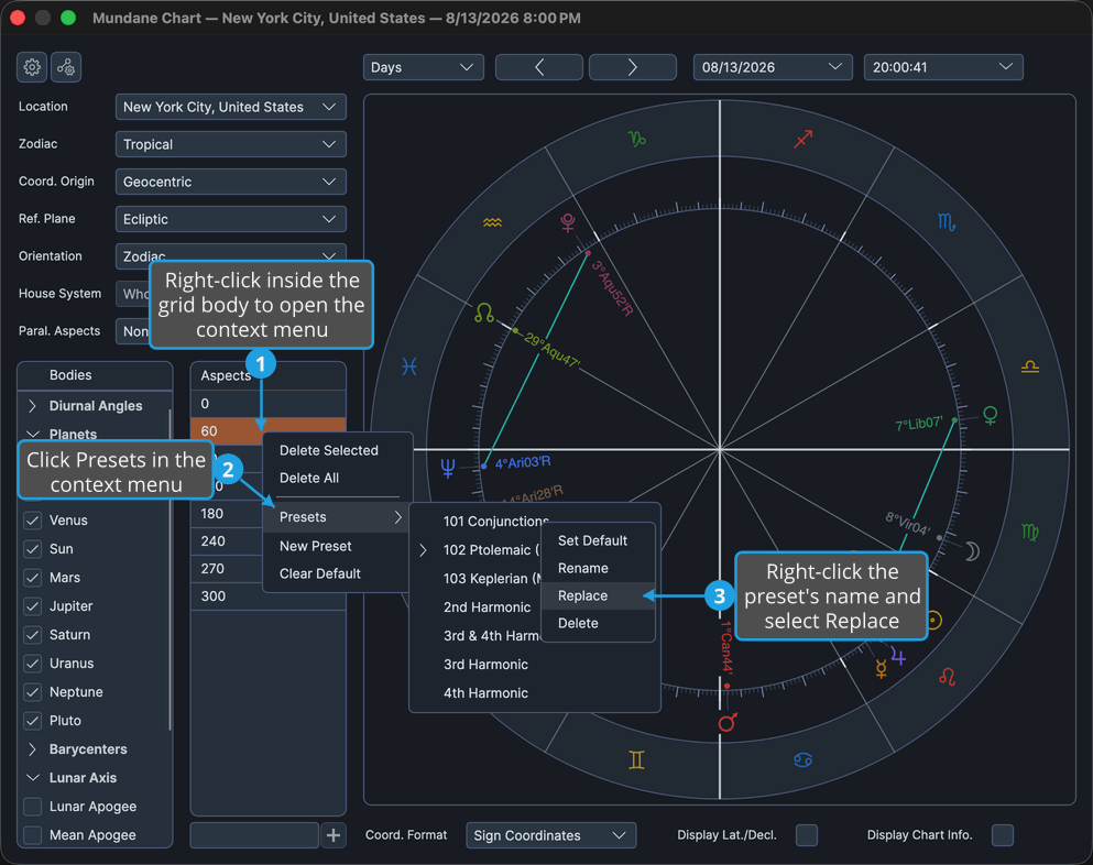 Mundane chart window with a saved aspect preset's menu open, showing its Replace item.