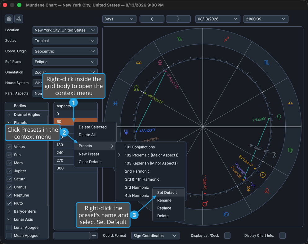 Mundane chart window with the Presets submenu expanded and a saved preset's own menu open.