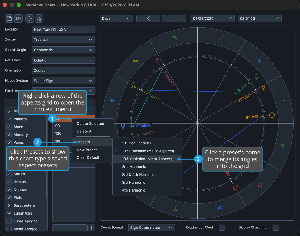 The Mundane chart window shows the aspects grid's context menu with its Presets submenu open on the seven aspect presets.