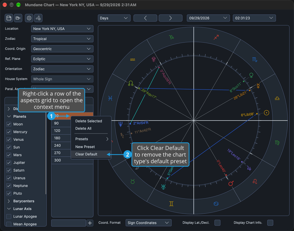 The Mundane chart window's Aspects grid has its context menu open with Clear Default highlighted.