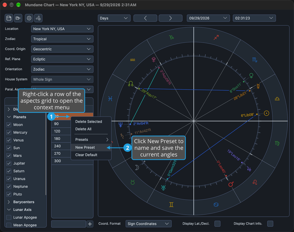 The Mundane chart window's Aspects grid has its context menu open with New Preset highlighted.