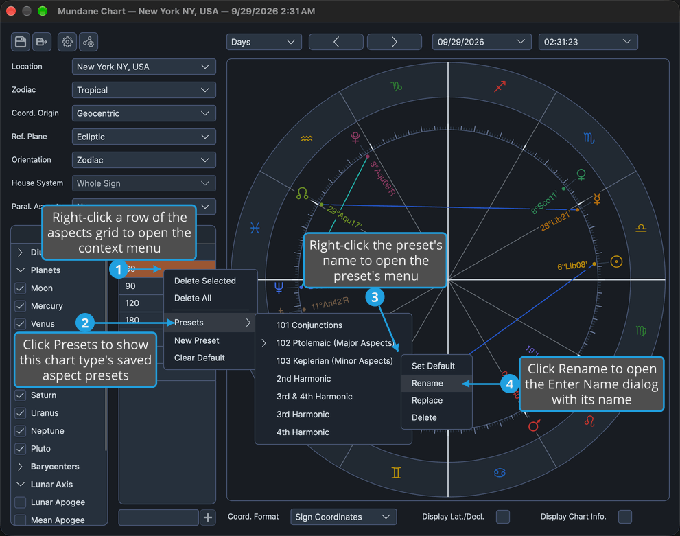 The Mundane chart window shows the preset's menu for 103 Keplerian (Minor Aspects) open beside the Presets submenu, with Rename highlighted.