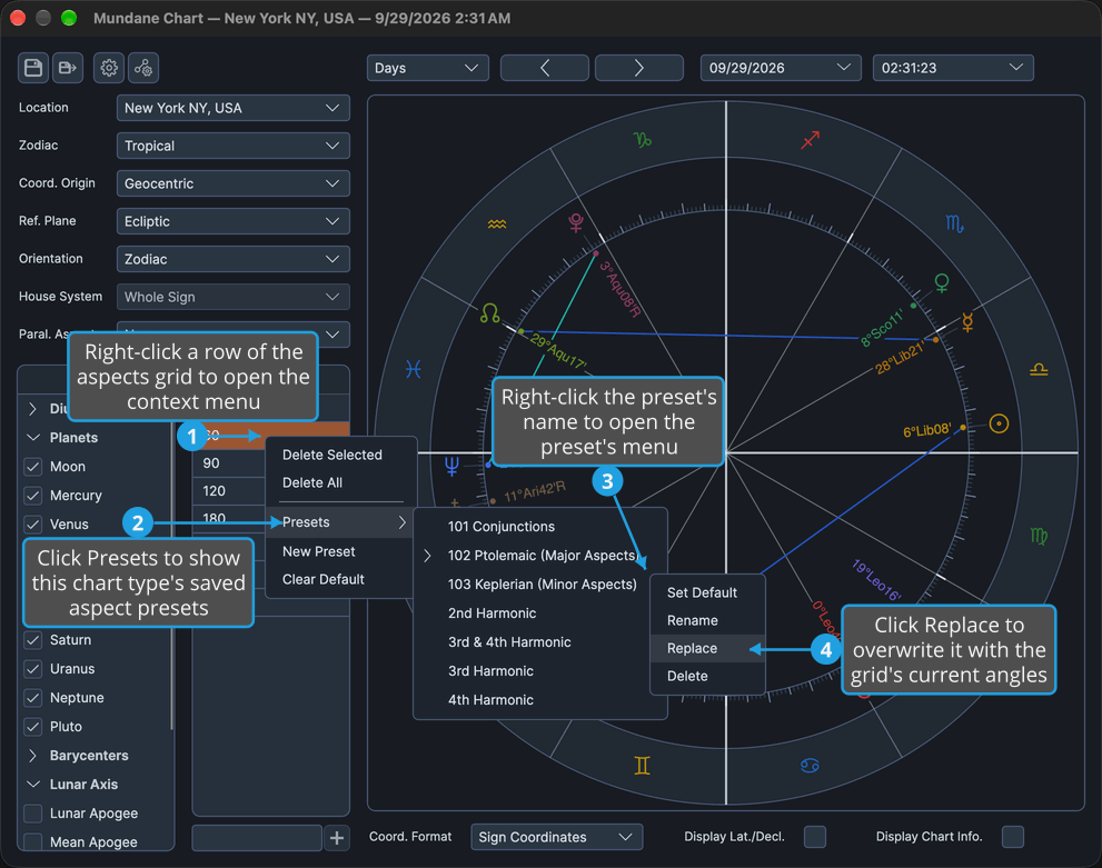 The Mundane chart window shows the preset's menu for 103 Keplerian (Minor Aspects) open beside the Presets submenu, with Replace highlighted.