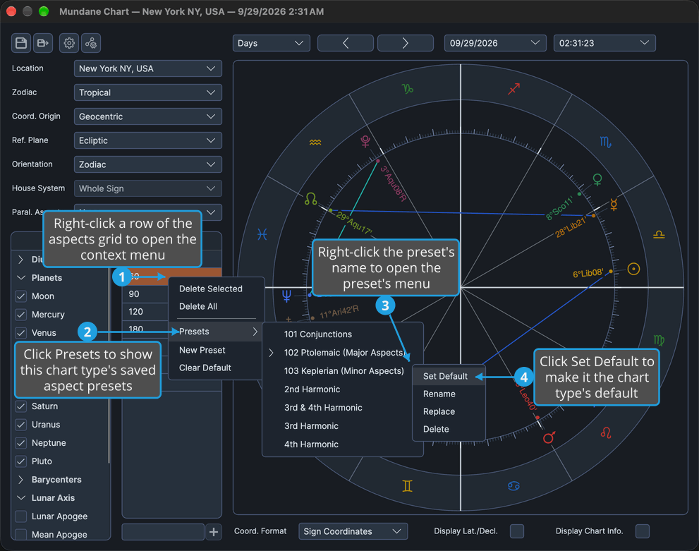 The Mundane chart window shows the preset's menu for 103 Keplerian (Minor Aspects) open beside the Presets submenu, with Set Default highlighted.