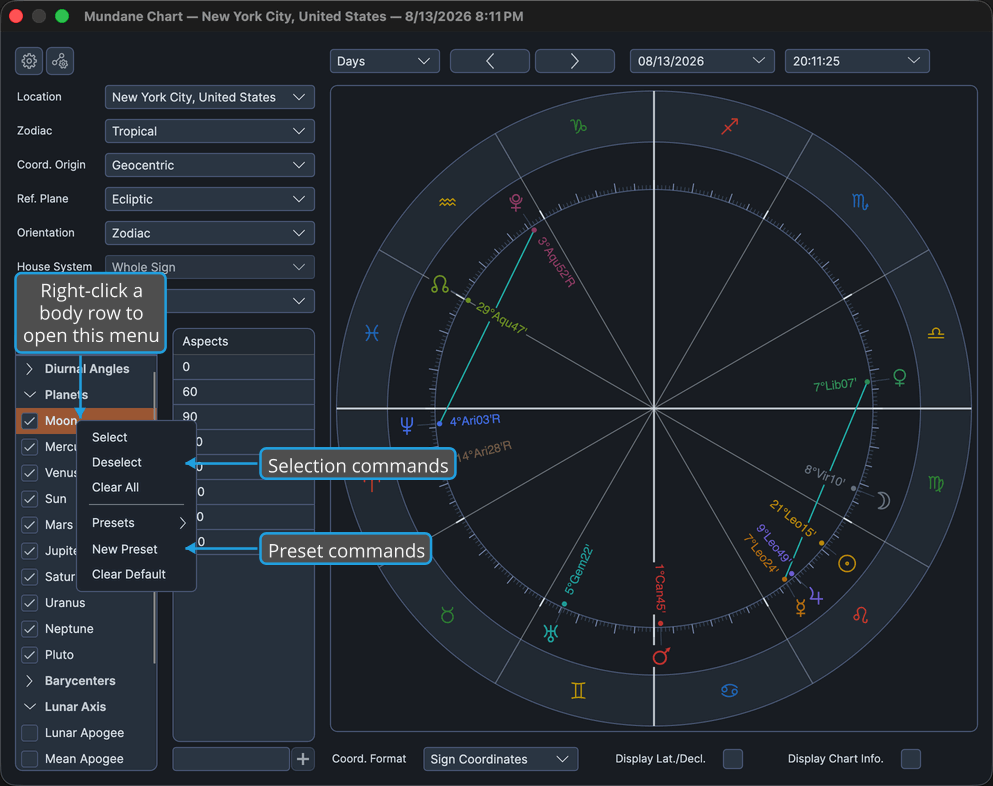 Mundane chart window with the bodies list context menu open over a body row.