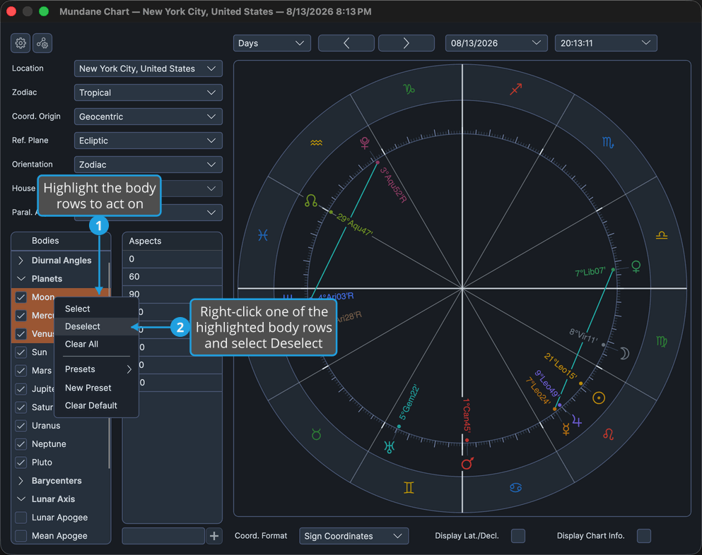 Mundane chart window with three ticked body rows highlighted and the context menu open over them.