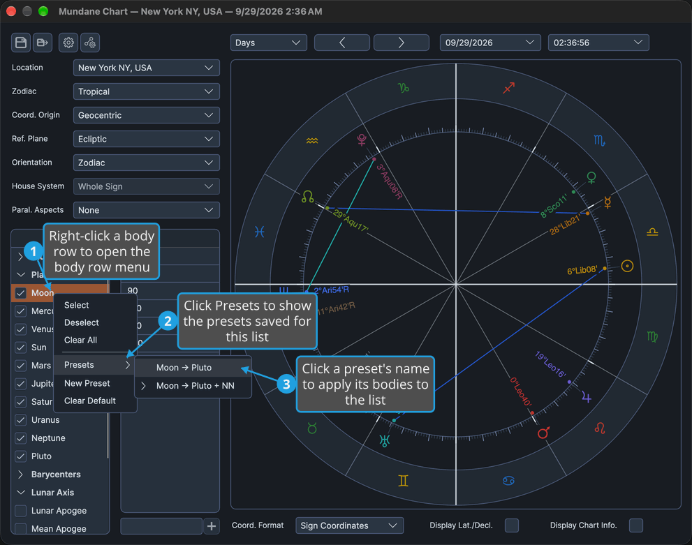 The Mundane chart window shows the body row menu with its Presets submenu open, listing Moon -> Pluto and Moon -> Pluto + NN.