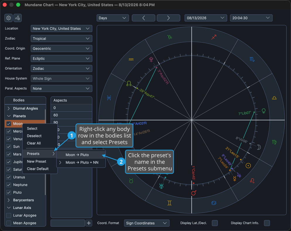 Mundane chart window with the Presets submenu expanded over a saved bodies preset.