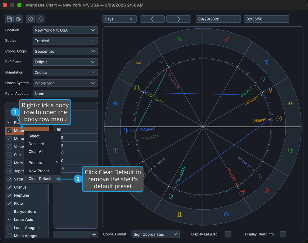 The Mundane chart window's Bodies list has the body row menu open with Clear Default highlighted.