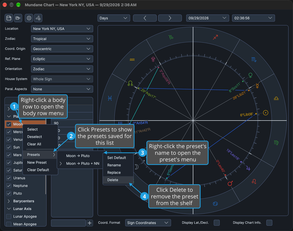 The Mundane chart window shows the preset's menu for Moon -> Pluto open beside the Presets submenu, with Delete highlighted.