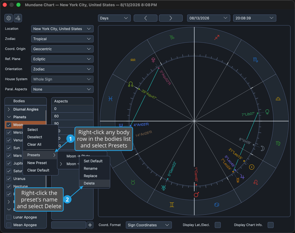 Mundane chart window with a saved bodies preset's menu open, showing its Delete item.