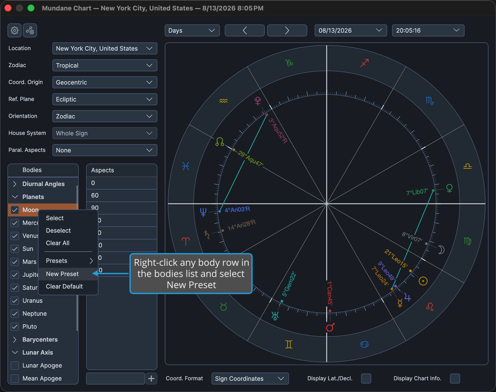 Mundane chart window with the bodies list context menu open, showing the New Preset item.