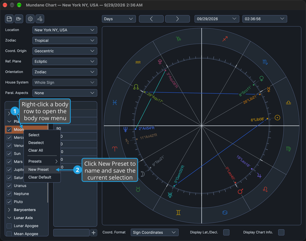 The Mundane chart window's Bodies list has the body row menu open with New Preset highlighted.