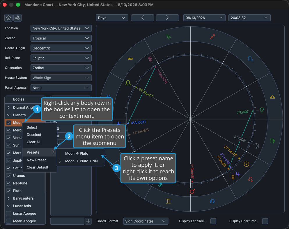 Mundane chart window with the bodies list context menu open and its Presets submenu expanded.