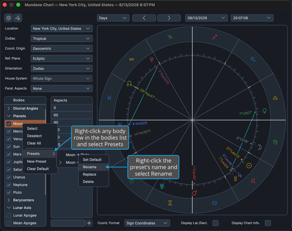 Mundane chart window with a saved bodies preset's menu open, showing its Rename item.