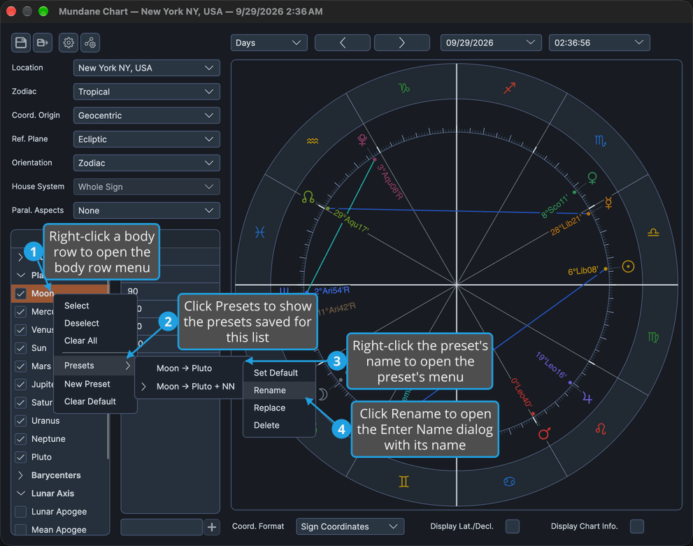 The Mundane chart window shows the preset's menu for Moon -> Pluto open beside the Presets submenu, with Rename highlighted.