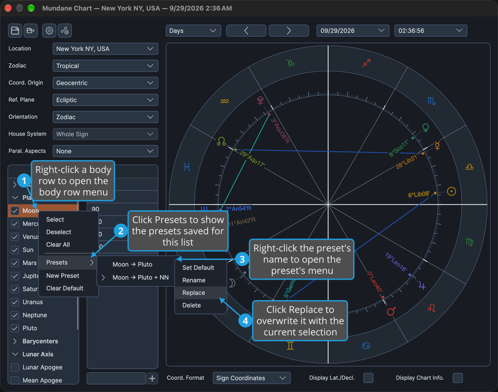 The Mundane chart window shows the preset's menu for Moon -> Pluto open beside the Presets submenu, with Replace highlighted.