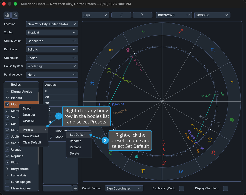 Mundane chart window with a saved bodies preset's menu open, showing its default item.