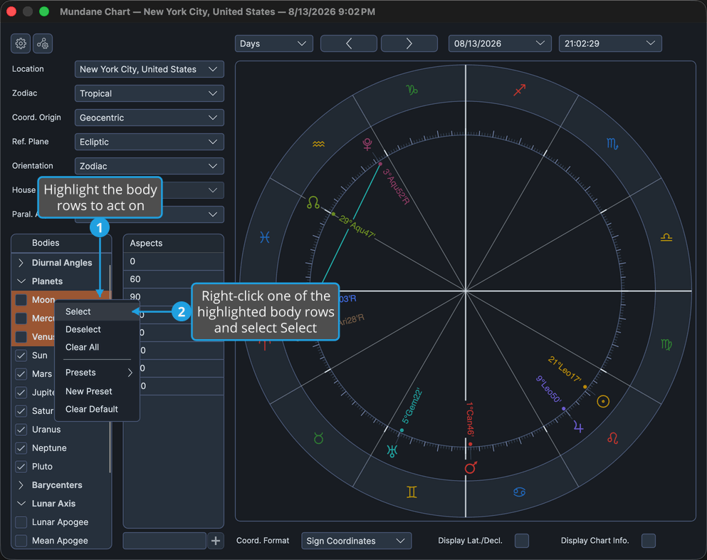Mundane chart window with three unticked body rows highlighted and the context menu open over them.