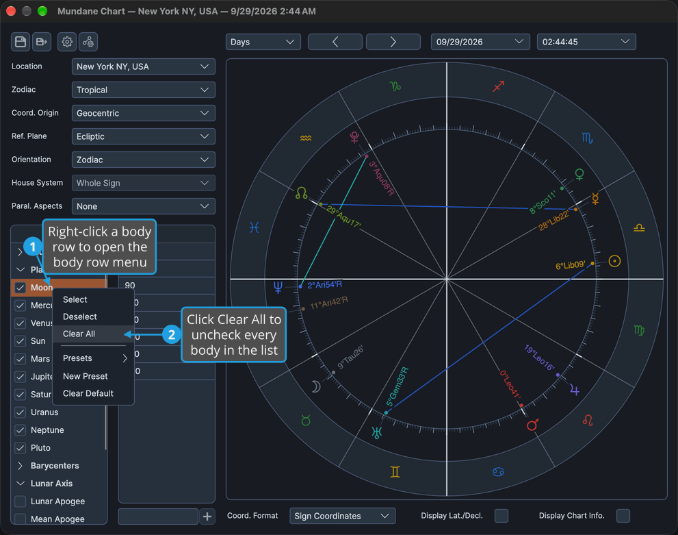 The Mundane chart window's Bodies list has the body row menu open over the Moon row with Clear All highlighted.