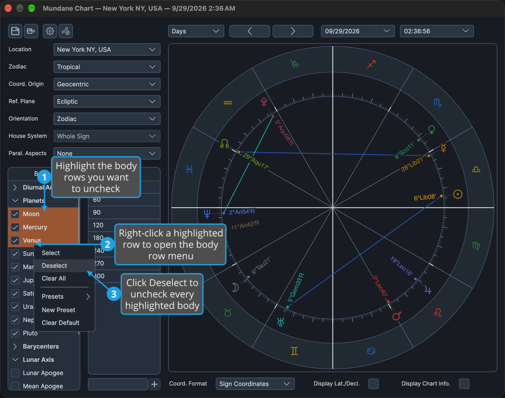 The Mundane chart window's Bodies list has Moon, Mercury and Venus highlighted and the body row menu open with Deselect highlighted.