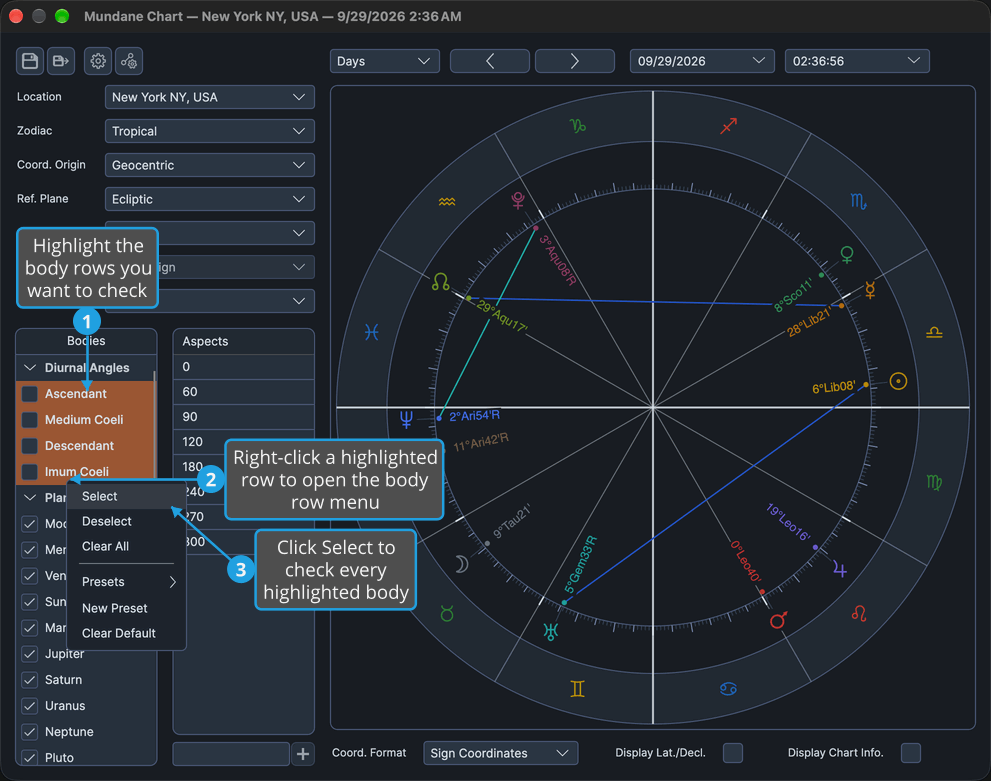 The Mundane chart window's Bodies list has the four Diurnal Angles rows highlighted and the body row menu open with Select highlighted.