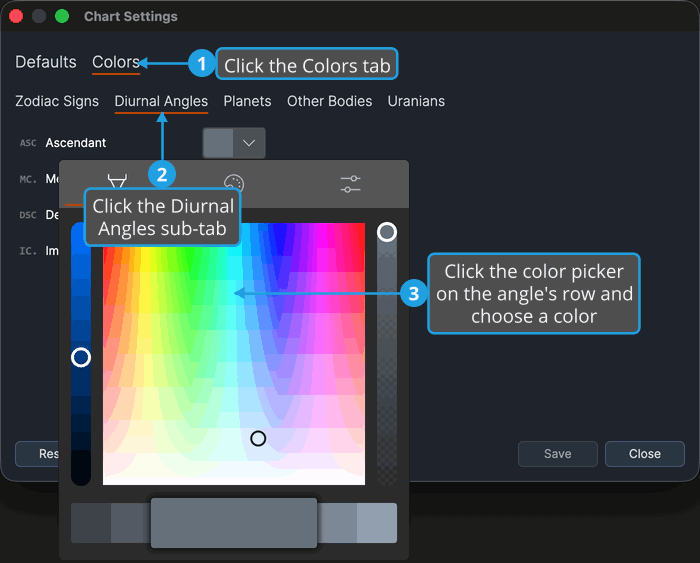 Chart Settings window on its Colors tab, Diurnal Angles sub-tab, with a color picker open.