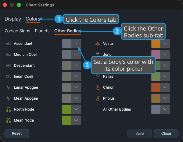 The Chart Settings window with the Colors tab open and the Other Bodies sub-tab selected.