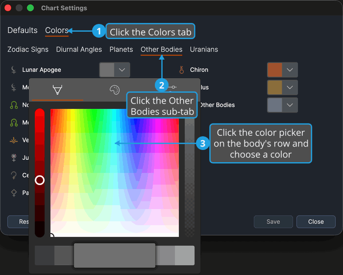 Chart Settings window on its Colors tab, Other Bodies sub-tab, with a color picker open.