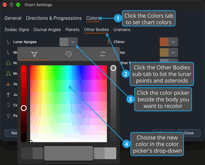 The Other Bodies sub-tab of the Colors tab, with the color picker beside Lunar Apogee open and numbered callouts on the tabs, the picker and its drop-down.