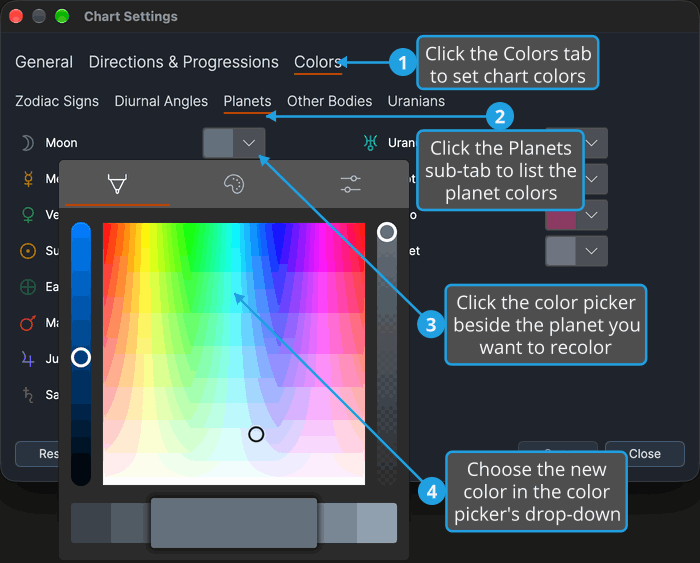The Planets sub-tab of the Colors tab, with the color picker beside Moon open and numbered callouts on the tabs, the picker and its drop-down.
