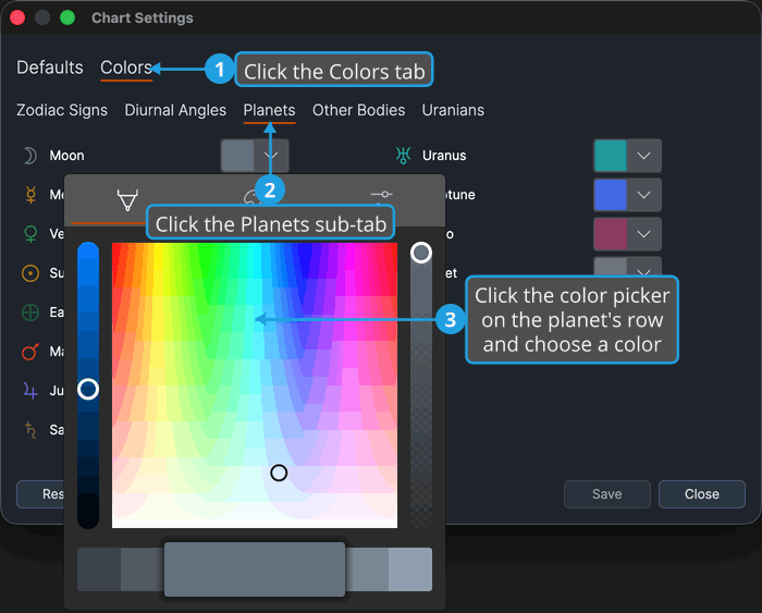 Chart Settings window on its Colors tab, Planets sub-tab, with a color picker open.