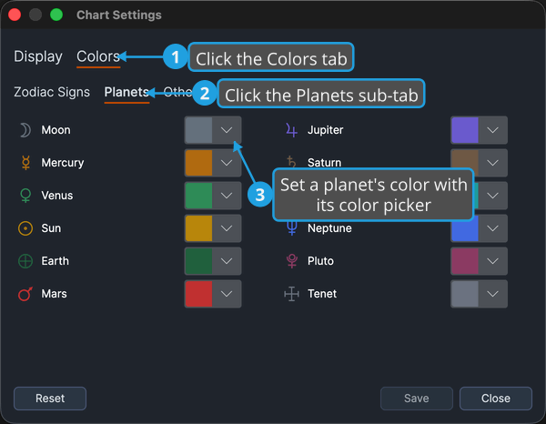 The Chart Settings window with the Colors tab open and the Planets sub-tab selected.