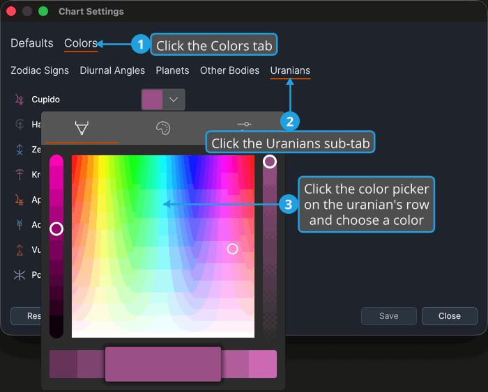 Chart Settings window on its Colors tab, Uranians sub-tab, with a color picker open.