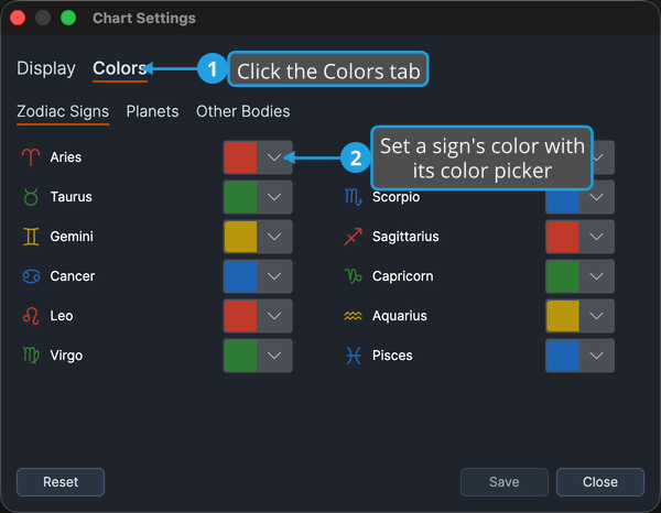 The Chart Settings window with the Colors tab open and the Zodiac Signs sub-tab showing.