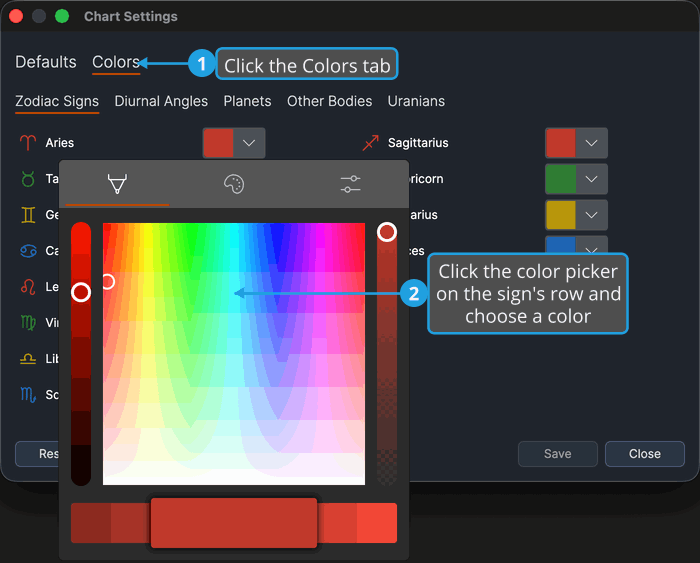 Chart Settings window on its Colors tab, Zodiac Signs sub-tab, with a color picker open.