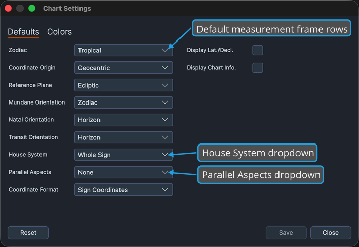 Chart Settings window on its Defaults tab, each calculation-frame row showing its current default.