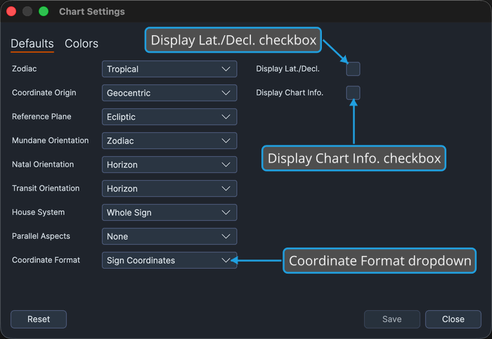 Chart Settings window on its Defaults tab, showing the display rows.