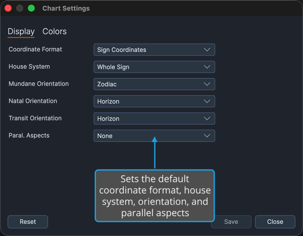 The Display tab of the Chart Settings window, the default tab, showing its display and frame defaults.