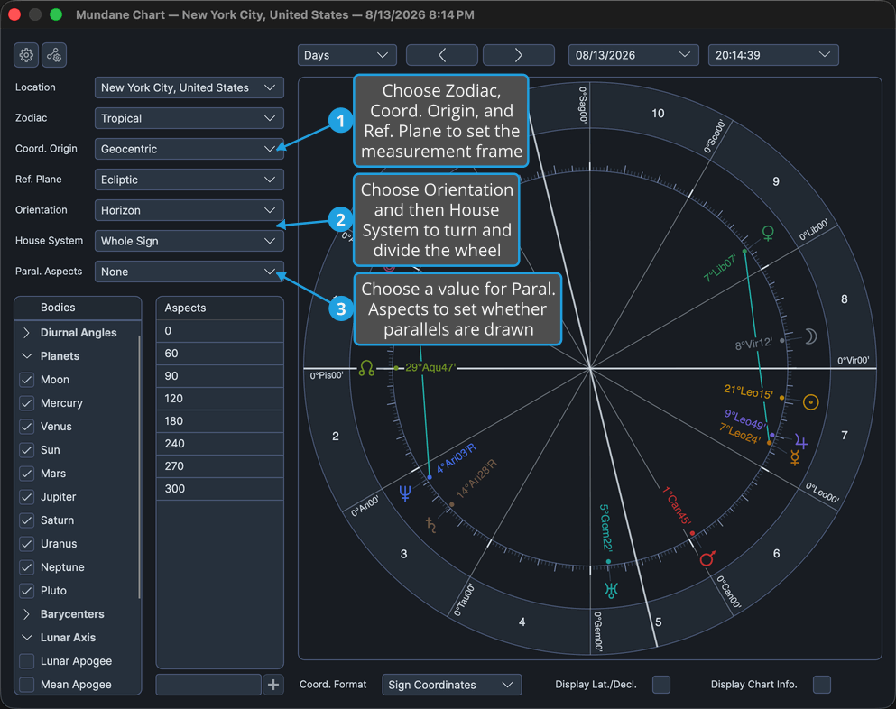 Mundane chart window with the calculation-frame rows shown and Orientation set to Horizon.