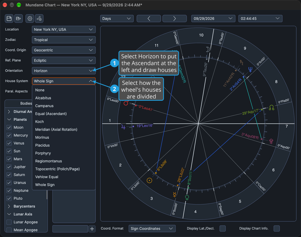 The Mundane chart window shows Orientation set to Horizon and the House System drop-down, currently Whole Sign, open on its list of house systems from None to Whole Sign.