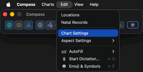 The Edit menu open in the macOS menu bar, showing the Chart Settings item.