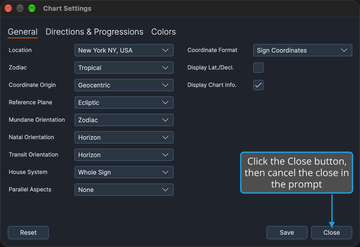 The Chart Settings window holding an unsaved edit, with a callout on the Close button whose closing you can still cancel to keep your edits.