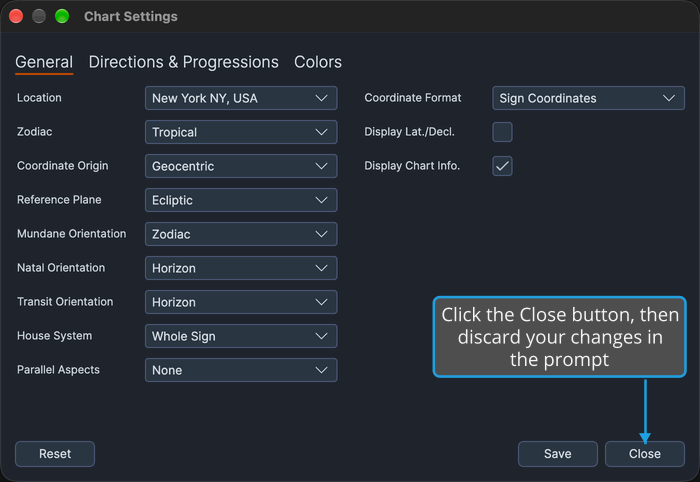 The Chart Settings window holding an unsaved edit, with a callout on the Close button that starts closing the window with your changes discarded.