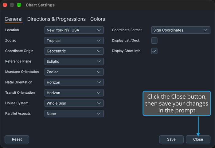 The Chart Settings window holding an unsaved edit, with a callout on the Close button that starts closing the window with your changes saved.