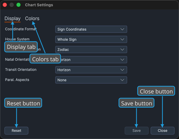 The Chart Settings window, showing its two tabs and bottom bar.