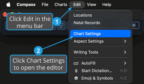 The Edit menu open from the menu bar above the Compass main window, with numbered callouts on Edit and on Chart Settings.