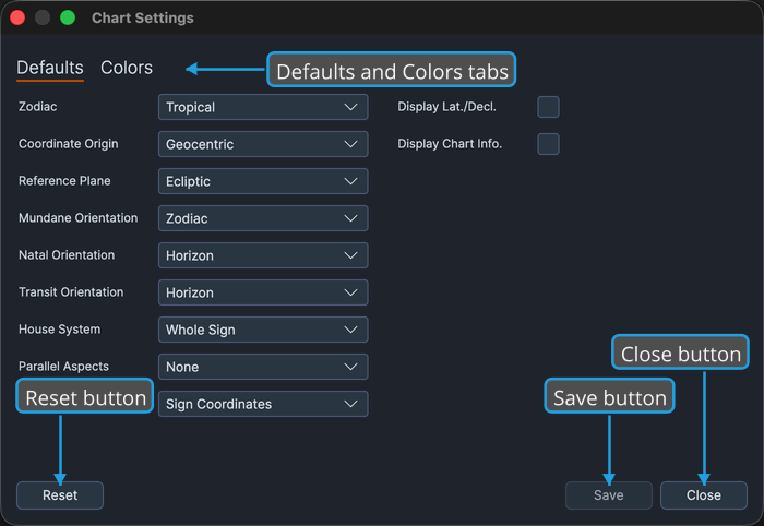 Chart Settings window on its Defaults tab, showing the window's overall layout.