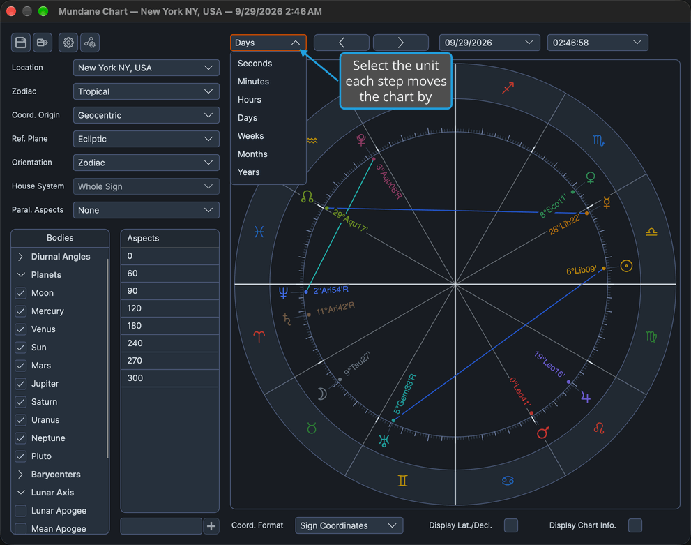 The step-unit drop-down open above a Mundane chart's wheel, listing Seconds, Minutes, Hours, Days, Weeks, Months and Years, its box still showing Days as the current unit.